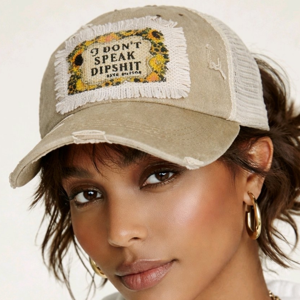 Distressed I Don't Speak Dipshit Beth Dutton Mesh Ponytail Cap Trucker Hat Khaki